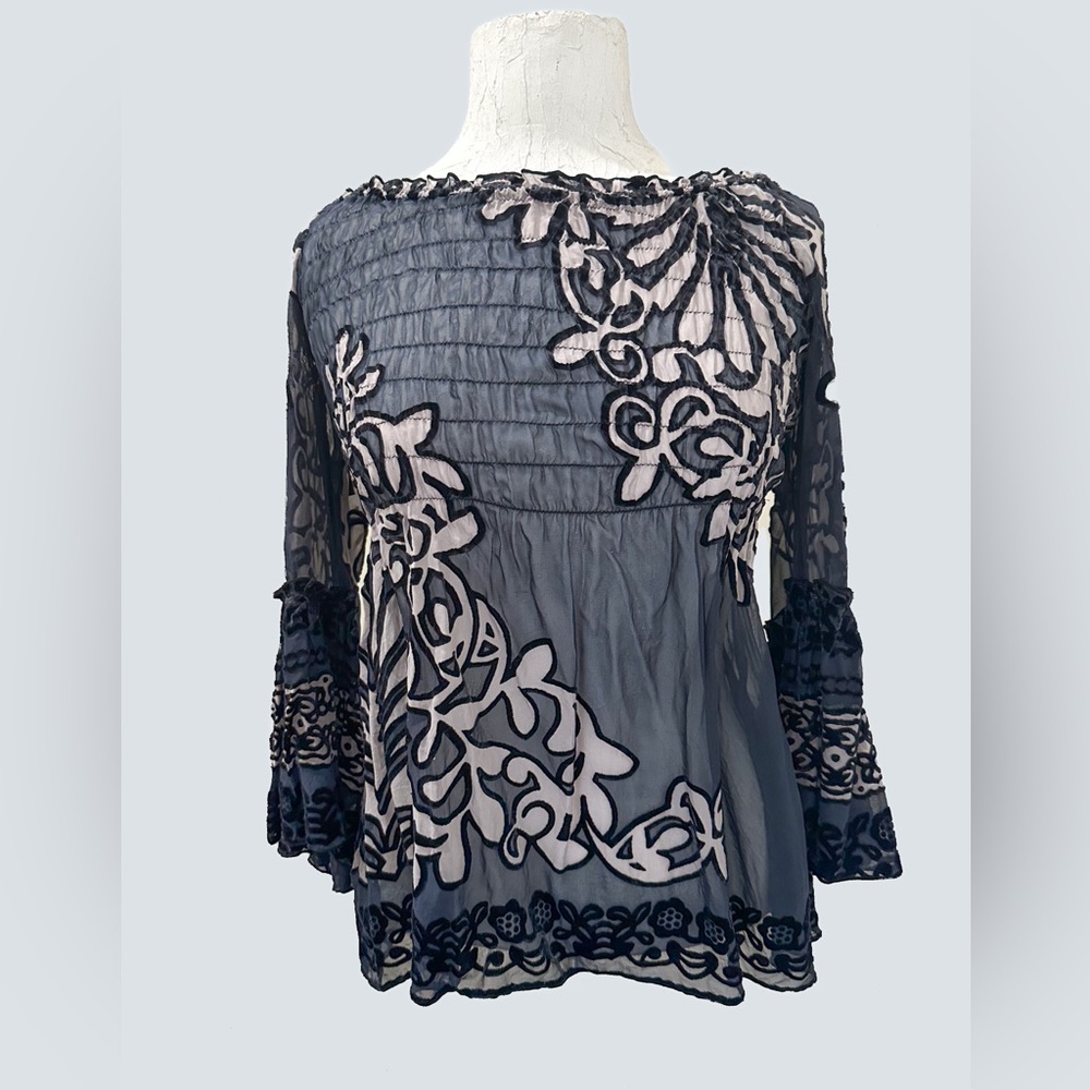 Hale Bob Vintage Black Velvet and Cream  Burnout Blouse